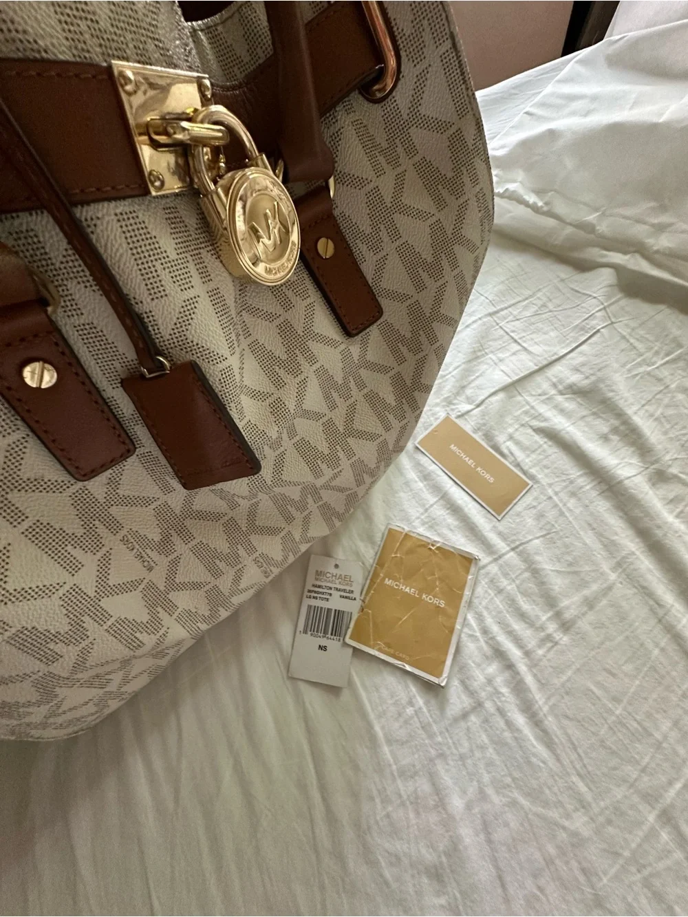 Michael Kors Cream & Brown Monogram Tote with Gold Hardware